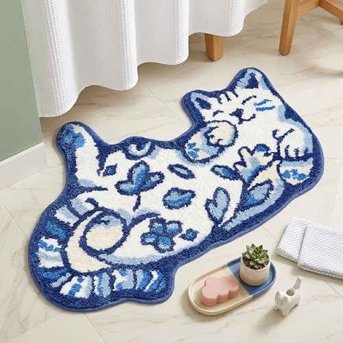 Softania Cute Cat Bath Mat - Fun Bathroom Rug for Cat Lovers, Cute Bathroom Decor, Soft Absorbent Microfiber Bath Rug, Machine Washable Funny Bath Mat with Non Slip Rubber Backing (31.5' x 21.6')