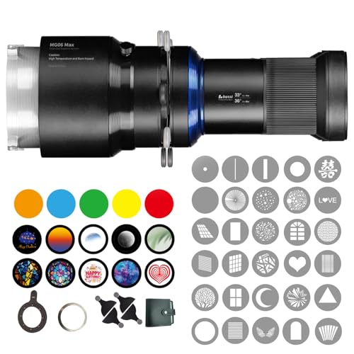 Bussi MG06 Max Bowens Mount Snoot with 40 Gobos, 36° Lens Optical Snoot Spotlight for Photography Video Shape Light Studio, GOBO Light, (Extended Bowens Mount)