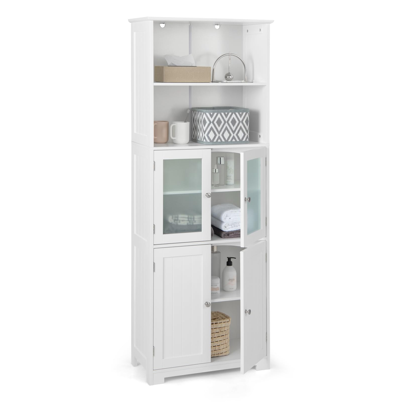 GOPLUS Meuble de Rangement pour Salle de Bain avec 3 Parties, Rangement 6 Niveaux avec 2 Étagères Ouvertes et 2 Compartiments, Portes en Verre Transparent et Poignées Métalliques, Gris
