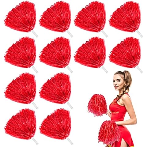 JC-Houser 12Pcs Cheerleading Pom Poms with Cozy Handle, Adorable Cheer Plastic Poms Pompoms Cheerleader Pom Poms for Kids Adults Cheering Squard Team Spirit Party Sports Dance (Red) Cover