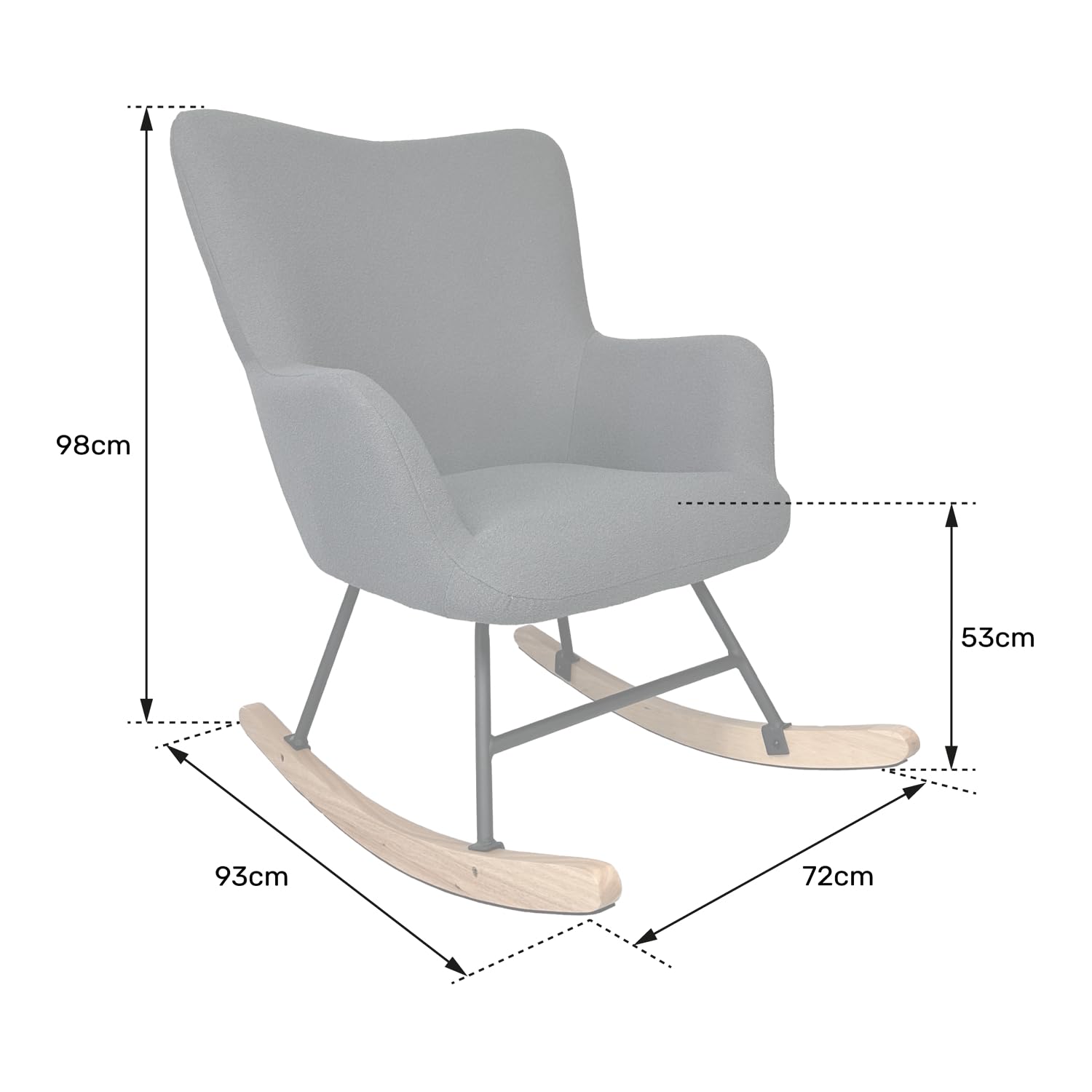 Happy Garden Fauteuil à Bascule Kaira, Rocking Chair, Tissu Boucle Gris, Structure en métal et piètement en Bois d'hévéa,