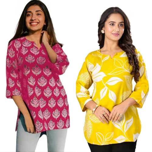 Image of Women's Cotton Printed Short Kurti, Round Neck, Three Quarter Sleeve, Straight Fit, Pack of 2