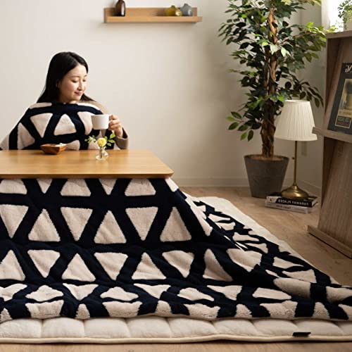 EMOOR Jacquard Boa Fleece Kotatsu Futon Comforter, Soft & Fluff Touch Blanket Throw, Washable, Rectangle 75x91in, Triangle-Navy - Thumbnail 3