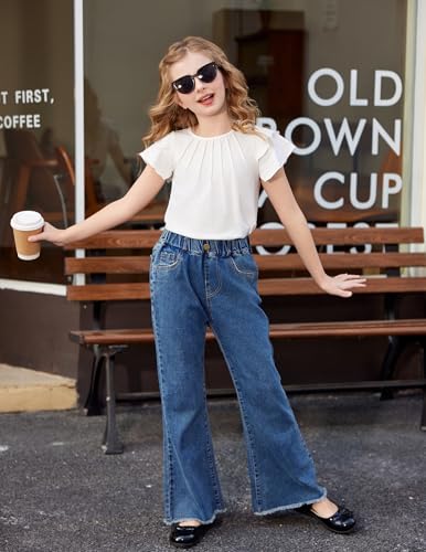 Image of Arshiner Girls T Shirts Ruffle Short Sleeve Summer Pleated Crewneck Casual Tops Tees Blouses