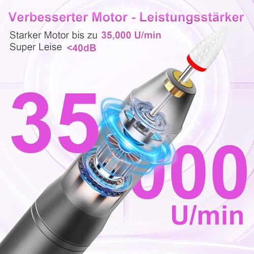 POFIBO Nagelfräser Kabellose Elektrische Nagelfeile - 35000 U/Min Nagelfräser für Gelnägel, 12 IN 1 Professionell Fräser für Nägel & Acrylnägel, Maniküre Pediküre Set mit 5 Geschwindigkeiten