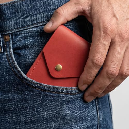 Image of The Wallet Store Flip 2.0 Genuine Leather Vertical Slim Wallet for Men | Pull-String Quick Card Access | Compact Front Cash Pocket & Button Lock | Minimalist Travel & Daily Carry Wallet (Red)