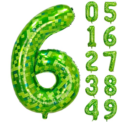 Image of 40 inch giant Green pixel miner game number 6 balloon | Large mining theme foil balloon 0-9 for pixel game parties children's birthdays party anniversary baby shower decoration