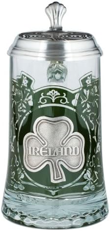 Ireland Glass Beer Stein With Pewter Lid and Pewter Shamrock