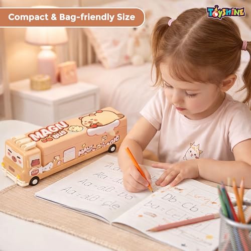 Image of Toyshine Cute Cartoon School Bus Shape Pencil Box with Moving Tyres | Stationery Storage Case | Multipurpose Pencil Pen Box for School Students Birthday Return Gift Party Favor for Kids - Brown