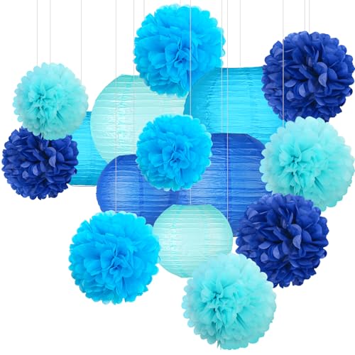 Image of KAXIXI 15-Piece Navy Blue Party Decorations, Pom Poms & Honeycomb Balls