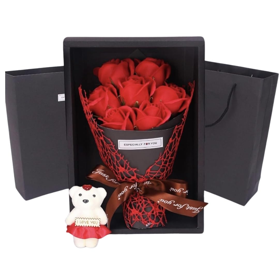 LullabieRose Teddy Bear Flower Bear with Gift Box and Bag Birthday Romantic Valentines Gifts for her Girlfriend Love Friends Wife Fiancée PE Material with Bow Tie Everlasting Forever Red