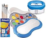  Pelikan Deckfarbkasten 735 SP/24 mit 24 Farben und 1 Tube Deckweiß (Starter blau mit Space-Wasserbecher + Pinsel-Set)