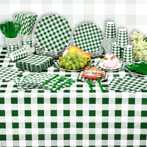 Image of Funnymoom 452 Pcs Green Gingham Party Supplies for 50, Dark Green Plaid Checkered Paper Plates Napkins Cups Tablecloth Cutlery Straws for Holiday Birthday Baby Shower Party Decoration