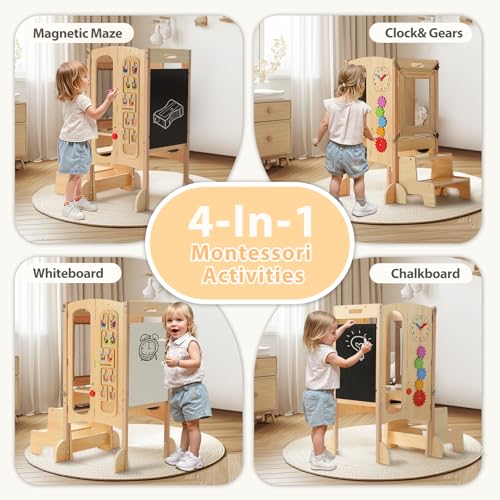 Toddler Tower Foldable Toddler Kitchen Stool Helper with 2 Step Stool, Safety Net, Adjustable Height, Chalk-Whiteboard& Montessori Activity Games - Image 6
