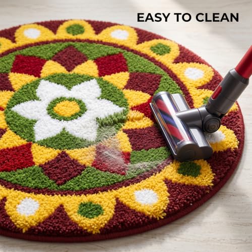 Image of VAS COLLECTIONS Decorative Round Rangoli Mat, Traditional Floral Rangoli Floor Decoration for Pooja Room, Festive Home Decor, Decorative Mat for Entrance, Living Room & Temple, 23 Inches - Moss Green