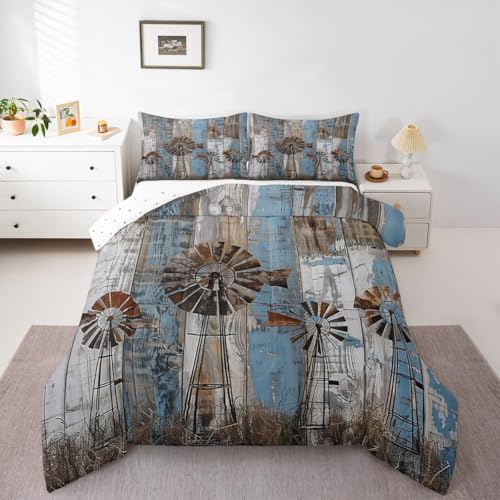 Homewish Juego de edredón vintage de Windwill para cama doble, juego de ropa de cama con puerta de granero antiguo, juego de edredón rústico de granja, edredón retro de madera sin funda con cierre de