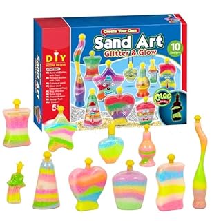 ADEPTNA DIY 10 PC Sand Art Glitter and Glow Kit for Kids Toddlers – Create Your Own Creative Craft DIY with Assorted Shape Bottles and Pendant Decorative Glitters Sand Activity Art