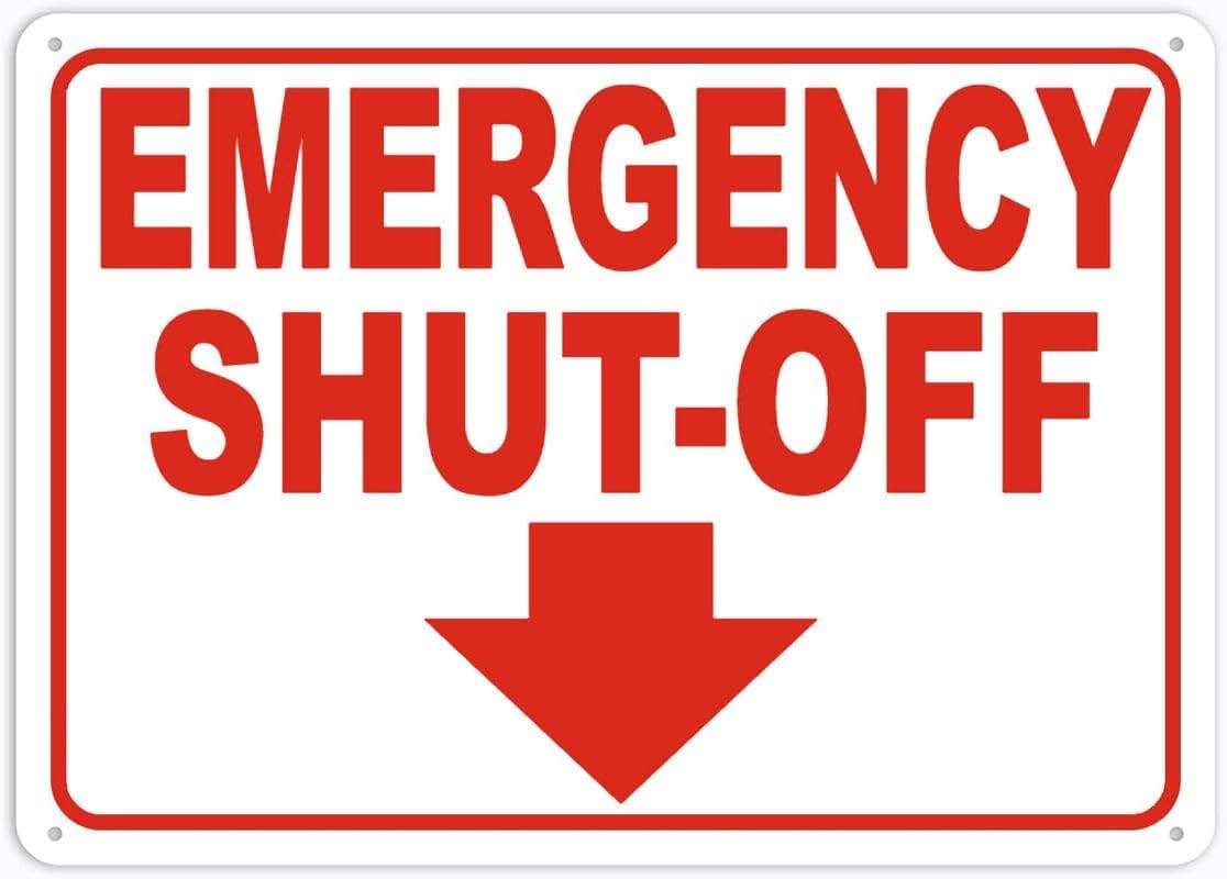 Emergency Shut Off Rust Free Aluminum Tin Sign - Warning Decor with Pre-Drilled Holes for Indoor-Outdoor Factory, Power Plant, Chemical Zone - 8x12 Inch​