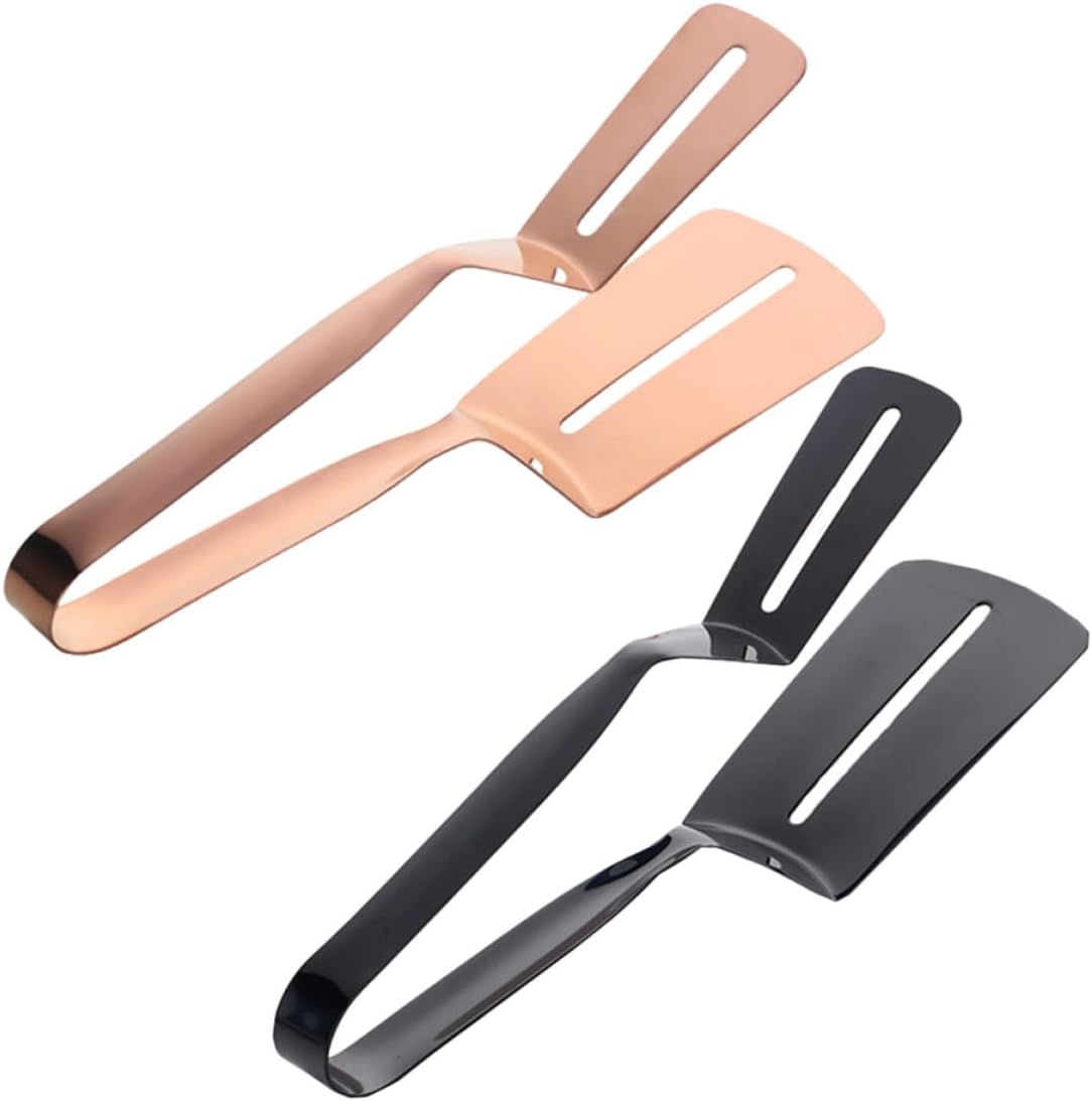 NUOBESTY 2pcs 304 Stainless Steel Steak Clamp Tongs Multi-function Kitchen Cooking Spatula Tongs for Bbq Grilling and Food Flipping with Rose Gold and Black Coating