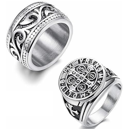 St Benedict Exorcism Ring Christian Cross Rings Faith Christian style black stainless steel eternity Size 7-15