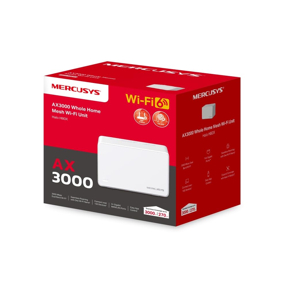 Mercusys Halo H80X (1-Pack) - AX3000 WiFi 6 Mesh, Sistema WiFi de Alta Velocidad hasta 260 m², 1 Unidad, Roaming Inteligente, Control Parental, Compatible con Alexa, Ideal para Hogares Grandes