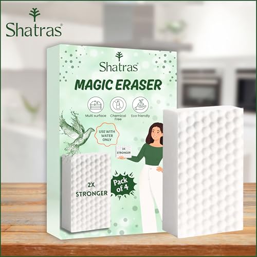 Image of Shatras Magic Eraser Cleaning Sponge - Multipurpose Melamine Foam Stain Remover Foam for Walls, Kitchen, Bathroom, Tiles & Shoes | Just Add Water Stain Remover (Pack of-4)