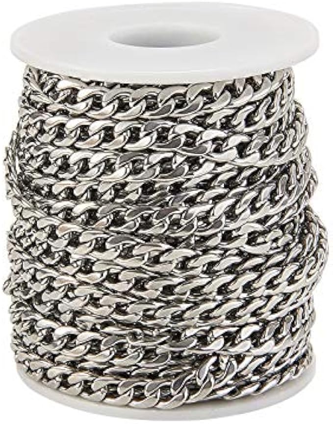 LiQunSweet 33ft (10m) Hypoallergenic 304 Stainless Steel Strong Spiral Cuban Curb Chain Unsoldered Spool Roll for DIY Jewelry Making - 9x6mm