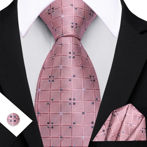 Image of YOHOWA Men Plaid /Striped Ties Set Silk Business Wedding Formal Fashion Necktie and Pocket Square Cufflinks Set
