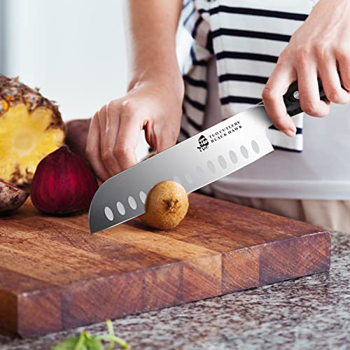 Image of Santoku Chef Knife - TUO 7 inch Kitchen Knives Ultra Sharp Asian Knife Japanese Chefs Knives - German HC Steel - Full Tang Pakkawood Handle - BLACK HAWK SERIES