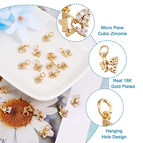 Fashewelry 20Pcs Cubic Zirconia Double Butterfly Charms Small 18K Gold Plated Brass Micro Pave Cz Rhinestone Pendants Hollow Mini Hanging Dangle End Charms With Jump Rings Loop For Jewelry Making 11X10Mm #TOP5
