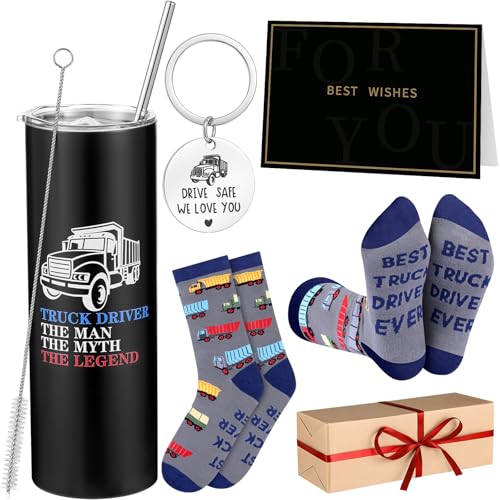 Vesici 5 Pcs Truck Driver Gifts Sets for Men Include 20 oz Insulated Tumbler Novelty Socks Keychain Greeting Card Truck Driver Appreciation Gifts for Christmas Father's Day Holiday Birthday