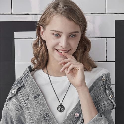 KINGWHYTE Compass Necklace S925 Sterling Silver Viking Rune Compass Pendant Nordic Pagan Jewelry Gifts for Men With Stainless Steel Chain-22+2inch(Black Gold)3