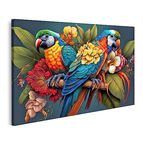 islandburner Tableau sur Toile Perroquets Colorés Oiseau Fleurs Tropicales Colorées Animaux...