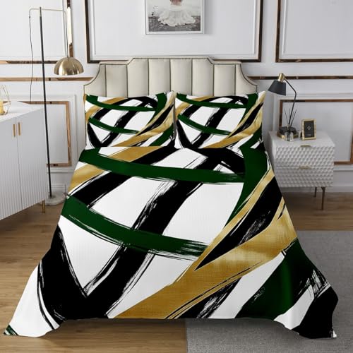 Abstract Stripe Patchwork Kids Bedspread Twin Size,Geometric Line Artwork Modern Coverlet Set,Girls Boys Room Decor,Geometry Waves Quilted Coverlet,Black Green Golden Bedding Quilt,1 Pillowcase