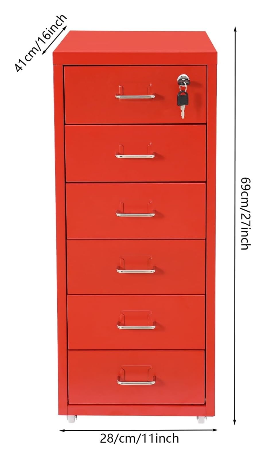 Carro de metal móvil para escritorio y boticario con cerradura con ruedas para almacenamiento debajo del escritorio, archivador rodante rojo con llaves