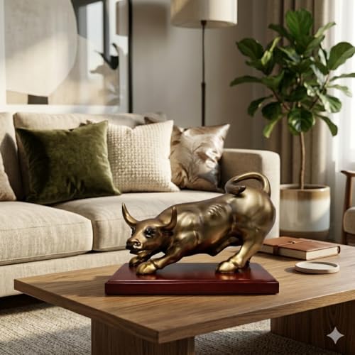 Image of Bull Statue Stock Market | Wall Street Bull Statue | Resin Sculpture Decorative Showpiece Animal Figurines for Home Decor, Tabletop, Offices, Christmas, Gifting Item