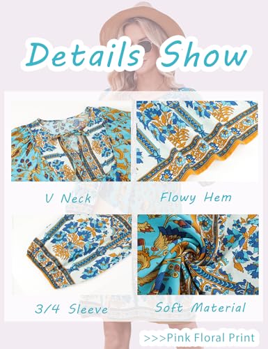 Image of Bluetime Women Casual Summer Dress Boho V Neck 3 /4 Sleeve Babydoll Floral Print Flowy Beach Dress