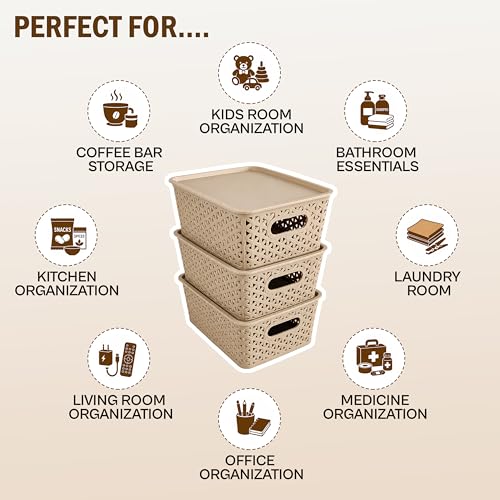Image of JD Fresh Pack of 3 Premium Plastic Storage Basket with Lid /Smooth Handle Design&Stackable Storage Organizer /Durable Kitchen Storage Basket for Clothes, Vegetables, Fruits, Toys and Stationery(Biscuit)