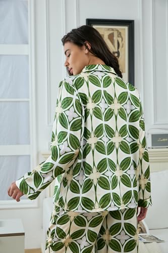 Image of YiNi LuLu Womens Silk Satin Pajamas Set Button Down 2 Piece Pjs Long Sleeve Oversized Sleepwear with Pockets