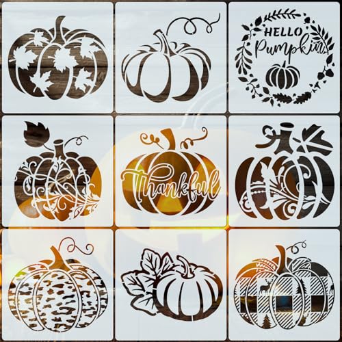 EDUEE Fall Stencils for Painting 8inch Reusable Pumpkin Stencils 9pcs for Thanksgiving Autumn for DIY Craft Fabric Wood Slice Furniture Floors Wall Home Decor