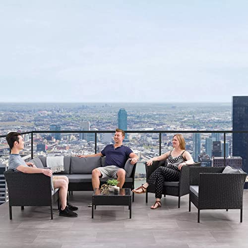 Image of DEVOKO 5-Piece L-Shape Outdoor Patio Wicker Conversation Set Sofa with Ottomans and Glass Coffee Table (Black and Dark Grey)