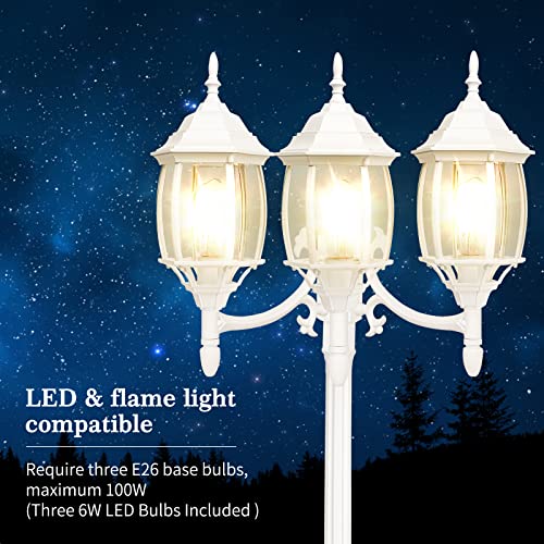 Dusk to Dawn Sensor Outdoor Lamp Post Light 3-Head, Classic White Light Pole with Clear Glass Panels (3 LED Bulbs Included, Max.100W), Waterproof Outside Street Light for Backyard, Garden, Driveway