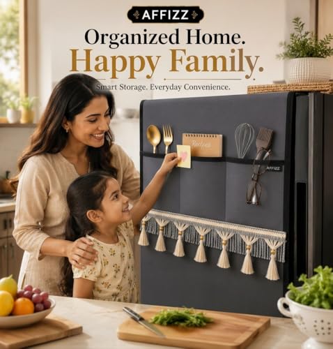 Image of Premium Decorative Refrigerator Cover with Tassel Lace & 6 Side Pockets | Waterproof, Dustproof & Washable Polyester Fridge Top Protector | Kitchen Organizer | 130 x 54 cm | Dark Grey