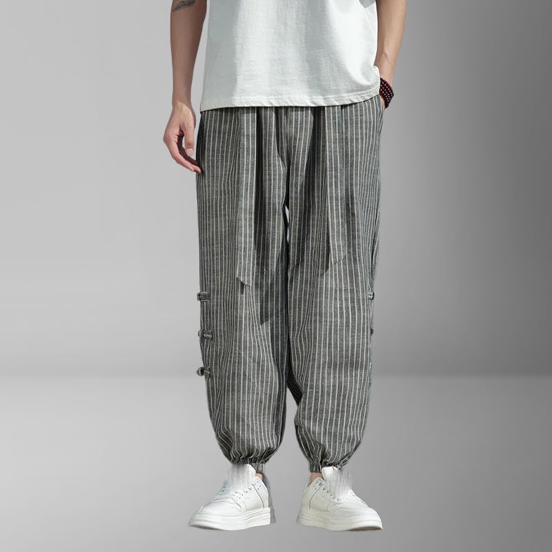 Men's Summer Chinese Style Trendy Thin Loose Cotton Linen Striped Jogger Pants4