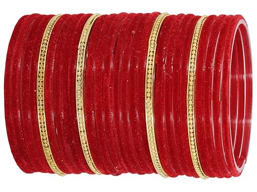 Image of NMII Glass Bangles For Women and Girls with Velvet and Golden Ballchain Linked | Plain Glass Bangles | Velvet Chudi Set | Bangles For Women | Stylish Glass Chudi Bangles- Set of 28