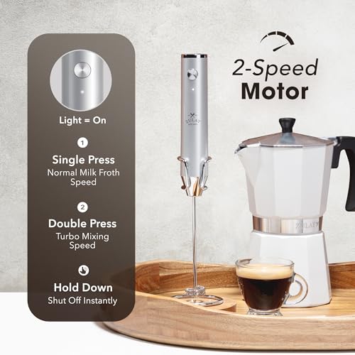 Image of Zulay Kitchen Rechargeable Milk Frother Handheld - Frother Wand, Drink Mixer, Electric Whisk Frother, for Cappuccinos, Matcha & Protein Powder - Lux 4 Whisk 2 Speed Waterproof 2000mAh Silver