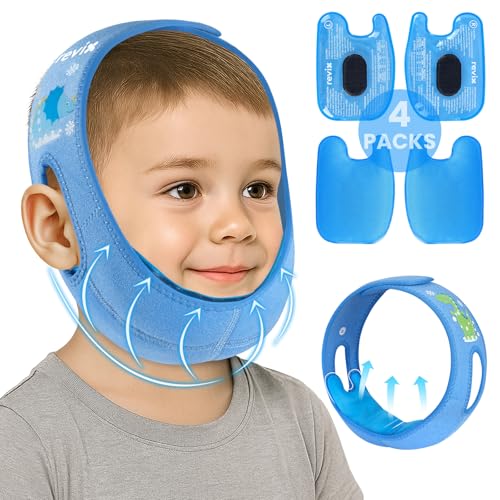 REVIX Teeth Ice Pack Head Wrap for Kids Face Ice Pack with 3D Design for Childrens Tonsillectomy Recovery Reusable Hot Cold Compress for Cheek & Jaw Relief Cute & Fun Dinosaur Pattern Blue