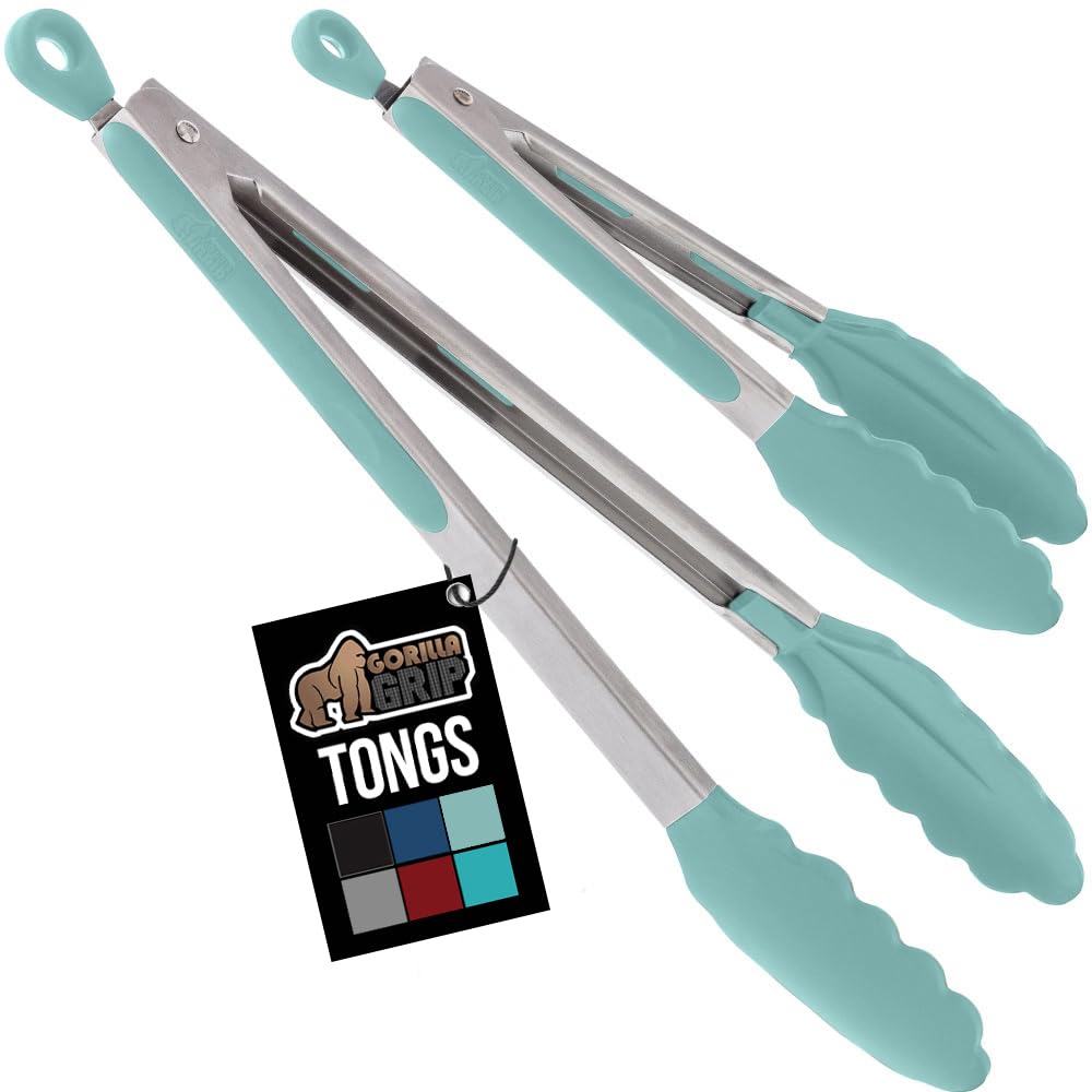 GORILLA GRIP Stainless Steel Heat Resistant Kitchen Tongs for Cooking, 9 + 12 Inch, Set of 2 BBQ Tong, Non Scratch Silicone Tip for Pan, Strong Grip, Grab Food, Toss Salad, Air Fryer, Pull Lock, Mint