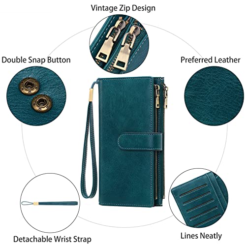 Image of GOIACII Large Wallet for Women Leather Wristlet Teal | RFID Blocking, Multi-card Slots, Detachable Wrist Strap, Trifold Clutch Purse