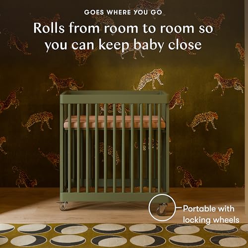 Image of Babyletto Pogo Convertible All-Stages Bassinet, Midi, Full-Size Crib in Olive Green, GREENGUARD Gold Certified, Portable & Adjustable with Conversion Kits and Pads Included